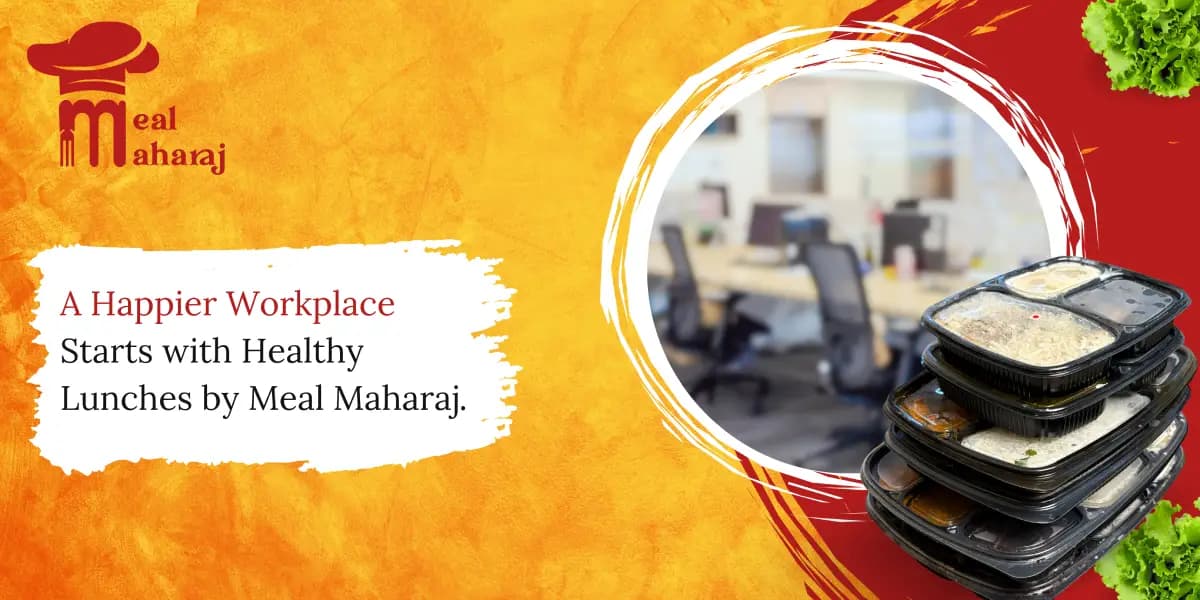 Office employees enjoying freshly cooked Meal Maharaj tiffin lunches at their desks, representing healthy, balanced meals for a happier and more productive workplace.