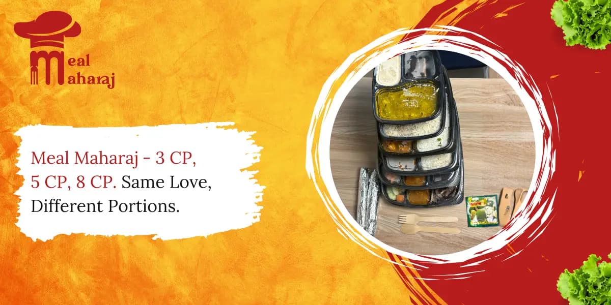 Three Meal Maharaj tiffin boxes in 3 CP, 5 CP, and 8 CP sizes, filled with home-style Indian dishes, showing variety and portion options for every appetite.